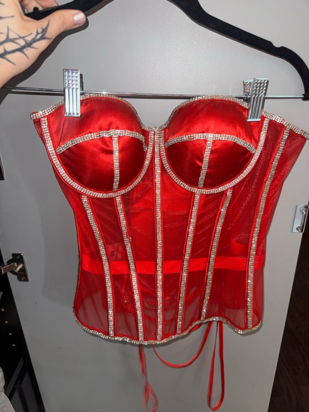 Red Rhinestone-Trim Corset Bustier Top - Strapless Glam